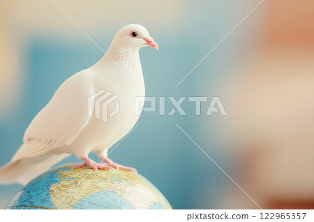 White dove perched on a globe representing unity and peace under warm, hopeful lighting 122965357
