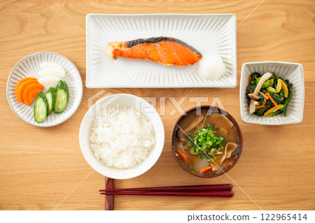 A Japanese breakfast featuring grilled salmon 122965414