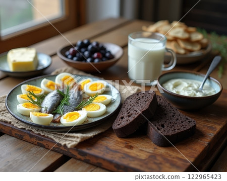 Rustic breakfast featuring herring eggs, black bread, and dairy products 122965423