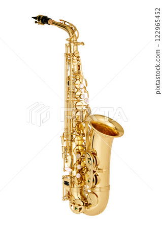 Shiny Golden Alto Saxophone Isolated on White Background 122965452