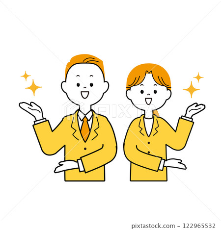 Men and women in glittering suits guiding customers, upper body 122965532