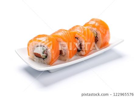 Salmon sushi maki beautifully arranged on plate Salmon sushi maki beautifully arranged on plate 122965576