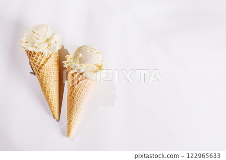 A refreshing ice cream cones set against a white background A refreshing ice cream cones set against a white background 122965633