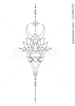Mystic Lotus Sacred Geometry Unalome Boho Tattoo Design. Mystic Lotus Sacred Geometry Unalome Boho Tattoo Design. 122965707