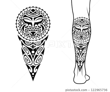 Maori tribal style tattoo pattern fit for a leg. With example on body. Maori tribal style tattoo pattern fit for a leg. With example on body. 122965736
