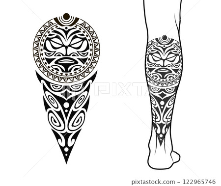 Maori tribal style tattoo pattern fit for a leg. With example on body. Maori tribal style tattoo pattern fit for a leg. With example on body. 122965746