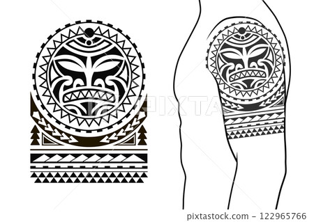 Maori tribal style tattoo pattern fit for a shoulder, arm. With example on body. 122965766