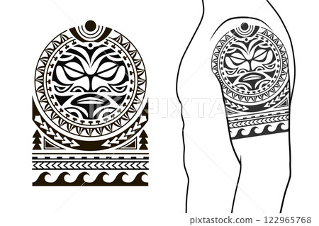 Maori tribal style tattoo pattern fit for a shoulder, arm. With example on body. 122965768