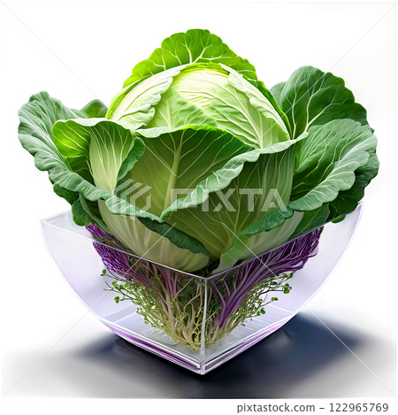 Cabbage microgreens tightly clustered in a low-profile, transparent glass plate, Cabbage microgreens tightly clustered in a low-profile, transparent glass plate, 122965769
