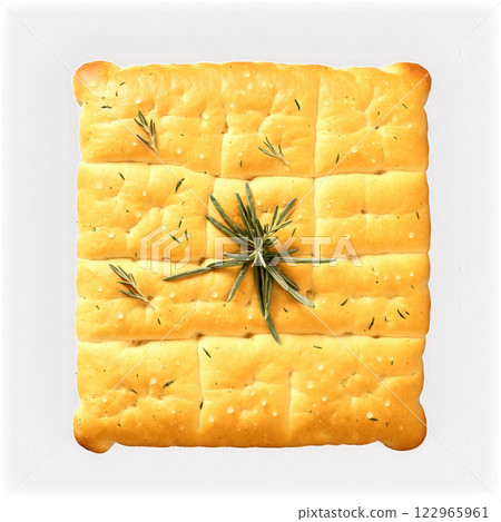 Focaccia A thick, golden focaccia loaf with visible air pockets, sprinkled with coarse sea salt and fresh rosemary. Olive oil 122965961