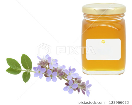 Marjoram Blossom Honey (Origanum majorana) Light amber honey with a mild herbal flavor, displayed in a transparent jar next Marjoram Blossom Honey (Origanum majorana) Light amber honey with a mild herbal flavor, displayed in a transparent jar next 122966023