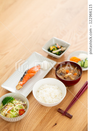 A Japanese breakfast featuring grilled salmon 122966115