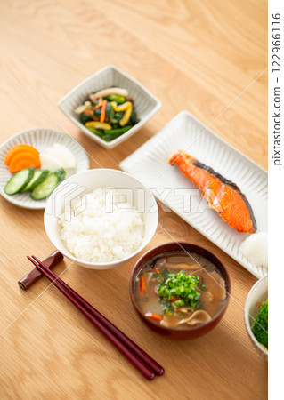 A Japanese breakfast featuring grilled salmon 122966116