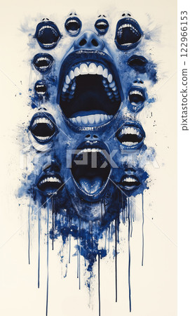 Artistic poster featuring multiple mouth shapes in blue and white tones, expressing emotion Artistic poster featuring multiple mouth shapes in blue and white tones, expressing emotion 122966153