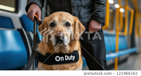 golden retriever guide dog wearing harness stands alert in subway 122966162