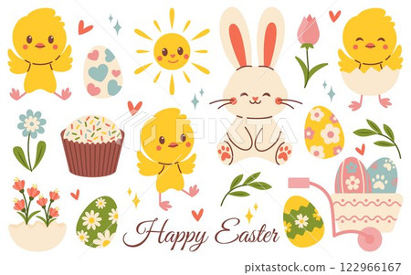 Cute Easter set. Smiling bunny chicks, Easter eggs, Flowers, Sun, festive Cupcake, decorative Wheelbarrow. Happy Easter inscription. Bright composition for spring design, greeting cards, decorations. 122966167