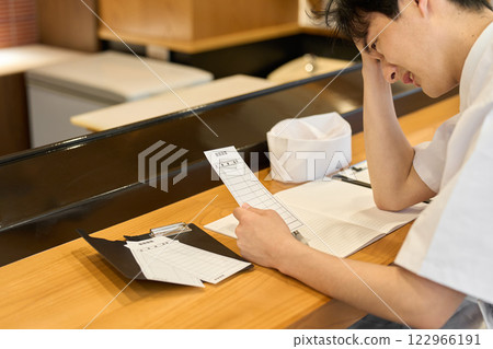 A Japanese chef struggling with business management A Japanese chef struggling with business management 122966191