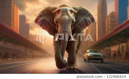 elephant is walking along the city at sunset time, elephant is on the street, big elephant and big city, buildings and cars around him 122966824