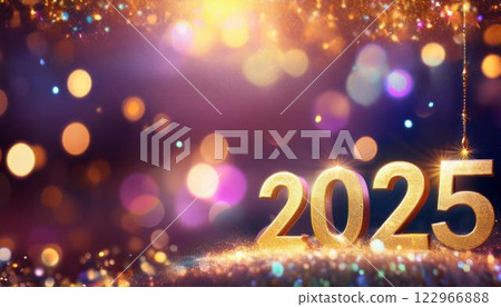 Christmas and New Year card. Number 2025 on holiday background. Christmas lights bokeh background. Holiday postcard. Happy New Year 2025 Card Concept. 122966888