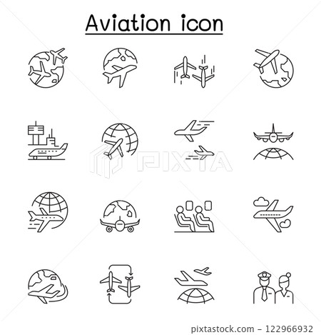 Aviation and airport icon set in thin line style Aviation and airport icon set in thin line style 122966932