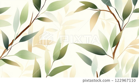 Minimalist digital illustration of bamboo leaves in soft green and beige tones on a light background 122967110