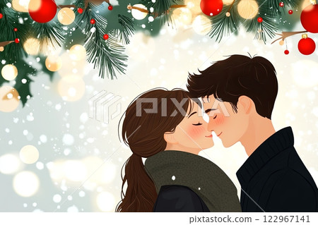 Charming cartoon-style couple sharing a tender moment under festive Christmas decorations with lights and snowflakes. 122967141