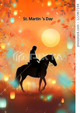 An illustration celebrating St. Martins Day, featuring a silhouette of a rider on horseback against a vibrant sunset sky 122967144