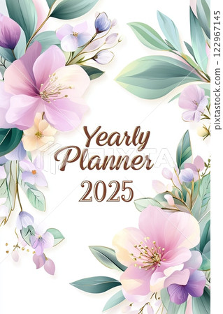 Elegant yearly planner cover for 2025 featuring pastel shades of pink, lavender, and mint green with gold accents 122967145