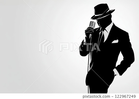 Monochromatic digital illustration of a jazz singer in a suit and hat, holding a vintage microphone 122967249