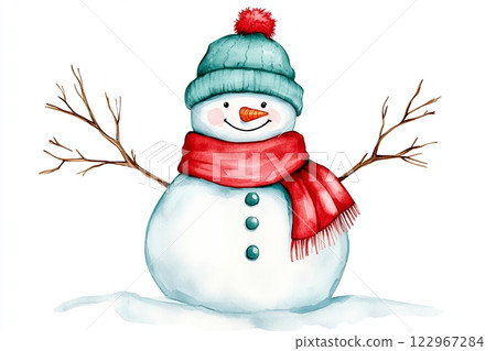 A cheerful snowman wearing a red scarf and green hat, with twig arms and a carrot nose, stands in the snow 122967284