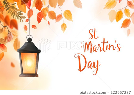 An autumn themed image for St. Martins Day, featuring a glowing lantern hanging from a branch 122967287