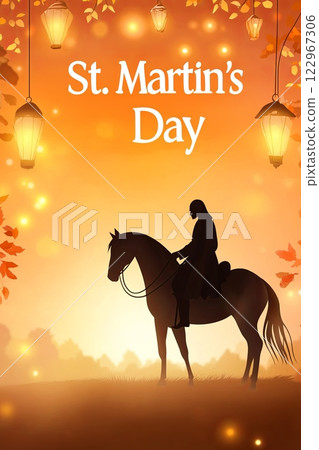 A St. Martins Day illustration featuring a silhouette of a rider on horseback beneath glowing lanterns 122967306
