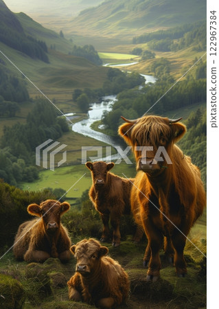 Highland cows captivate against a backdrop of rolling green hills 122967384