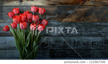 a bouquet of tulips set against a rustic wooden 122967390