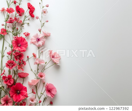 delicate red flowers bloom gracefully in the corner on grey background 122967392