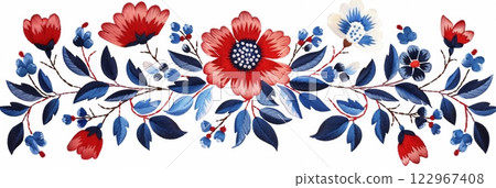 Elegant Slovakian folk embroidery design with red and blue accents 122967408