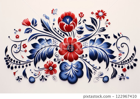 Beautifully adorned Slovak folk embroidery in red and blue Beautifully adorned Slovak folk embroidery in red and blue 122967410