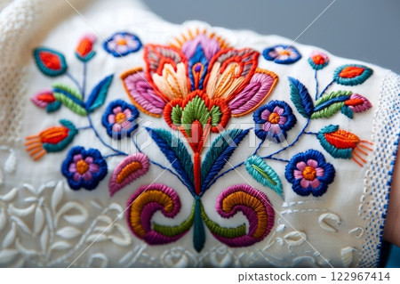 Traditional Slovakian folk embroidery artistry presented on a crisp white background 122967414