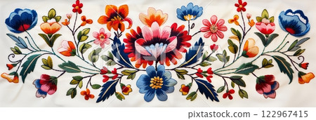 Vibrant Slovak folk embroidery displayed against a clean white backdrop 122967415