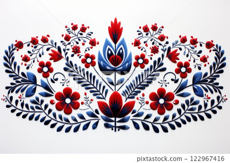 Richly detailed Slovakian folk embroidery featuring red and blue elements 122967416