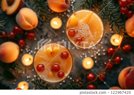 Top view of Peach Bellini drinks on a table 122967420