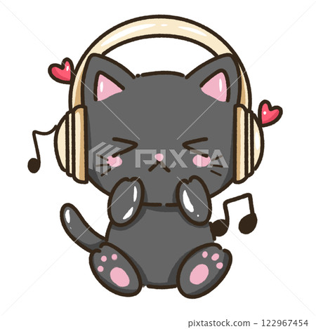kawaii black cat kitty kitten listening to music Hand drawn illustration Valentines day style  pastel color isolated on transparent background, perfect for valentines day gifts, nursery decorations 122967454