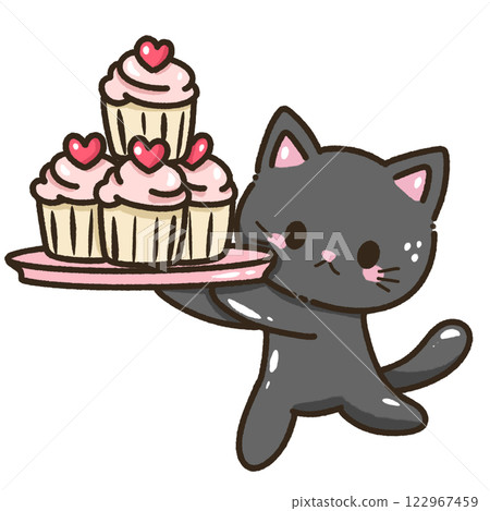 kawaii black cat kitty kitten cupcakes Hand drawn illustration Valentines day style  pastel color isolated on transparent background, perfect for valentines day gifts, nursery decorations 122967459