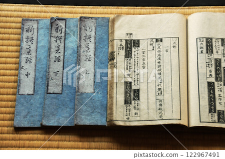 Ancient manuscript blue cover 122967491