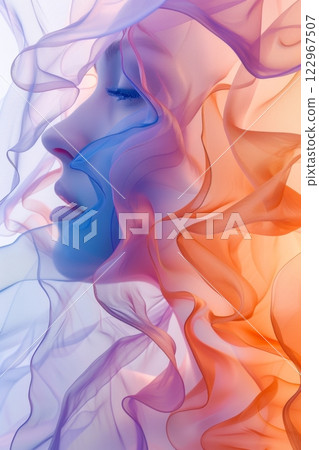 a photo of translucent curved sheets forming a beautiful woman's face 122967507