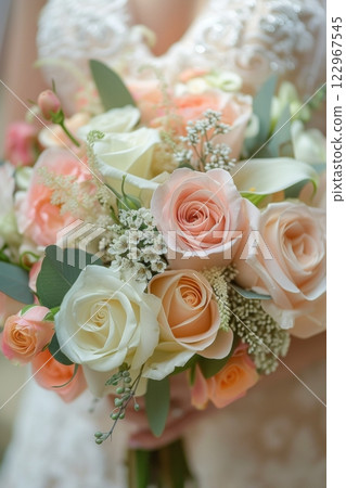 A bride is holding a beautiful bouquet of pink and white roses 122967545