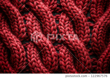 Close up of magenta woolen textile with intricate pattern on a black background 122967576