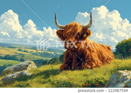 a bull with horns is laying in the grass on top of a hill a bull with horns is laying in the grass on top of a hill 122967594
