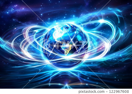 illustration of a glowing Earth surrounded by interconnected light trails, symbolizing global connectivity, science illustration of a glowing Earth surrounded by interconnected light trails, symbolizing global connectivity, science 122967608