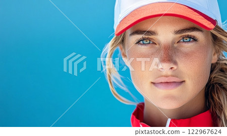 Close-up portrait of a focused female sailor with striking blue eyes, wearing a red and white cap 122967624